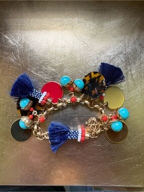 J Crew Colorful Tassel Charm Bracelet with Turquoise and Red Accents